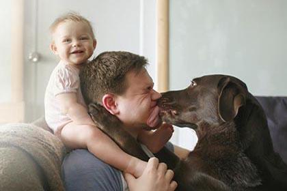 Man with a baby and dog on a couch