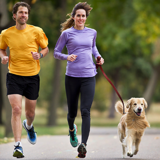 Deux joggeurs, un homme et une femme, ainsi qu’un golden retriever qui courent sur un sentier asphalté